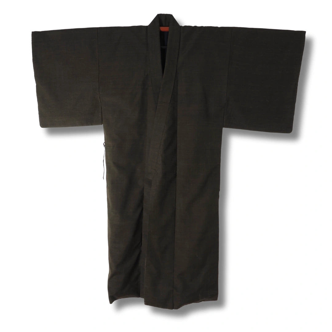 Vintage Herren Kimono & Haori Dunkelbraun mit Teeschalenmotiv