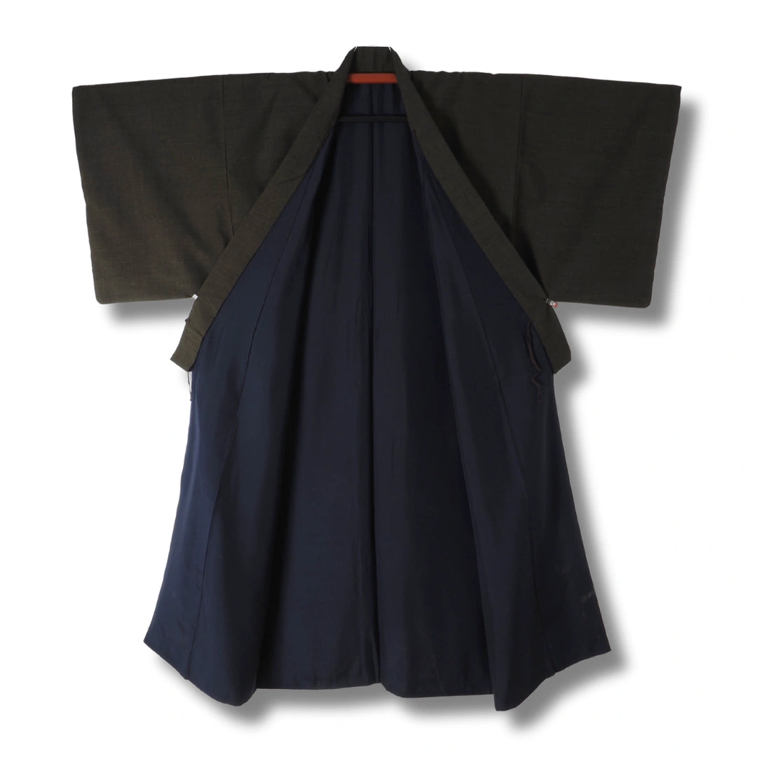 Vintage Herren Kimono & Haori Dunkelbraun mit Teeschalenmotiv