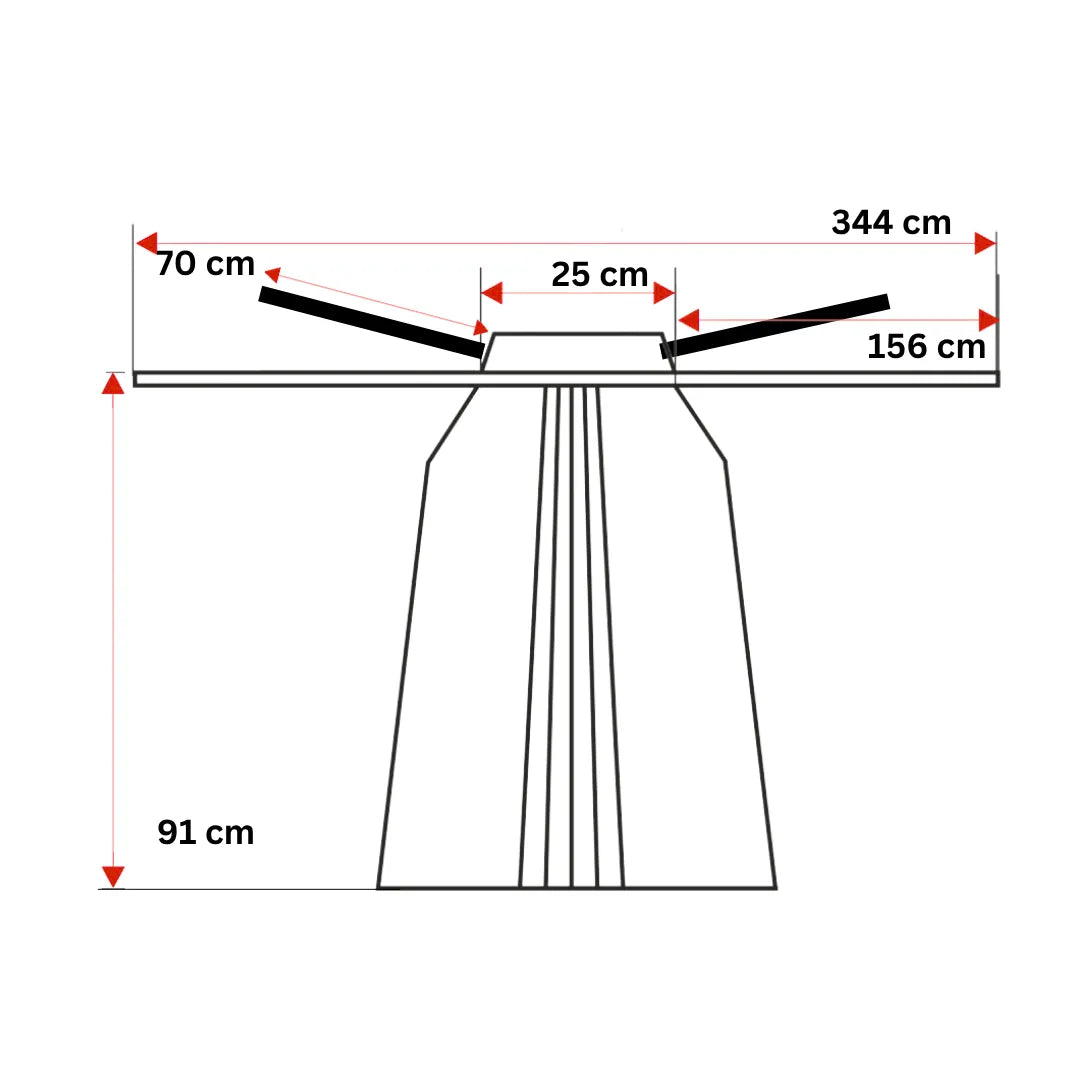 Maßgrafik der Hakama mit Größenangaben