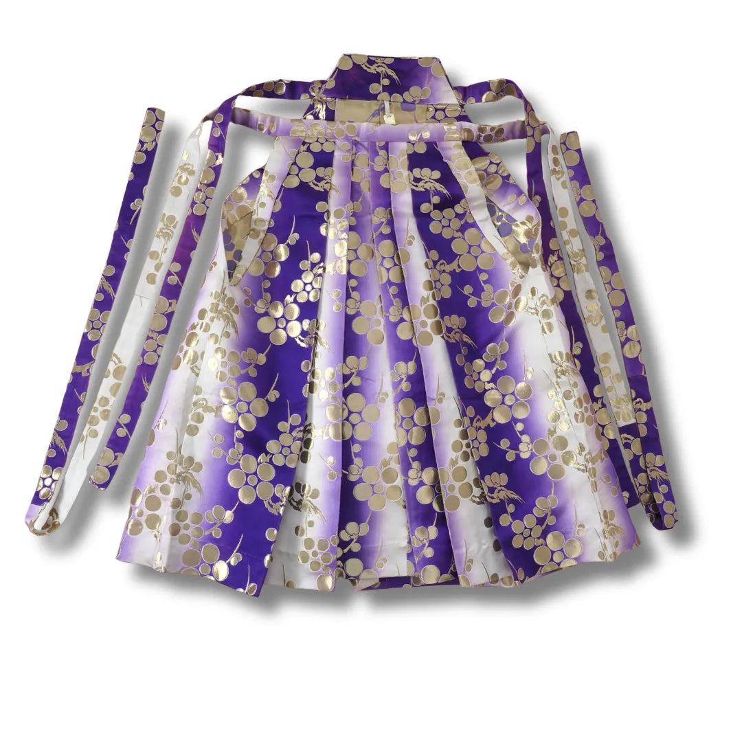 Japanischer Vintage Hakama lila mit goldenem Muster Vorderansicht
