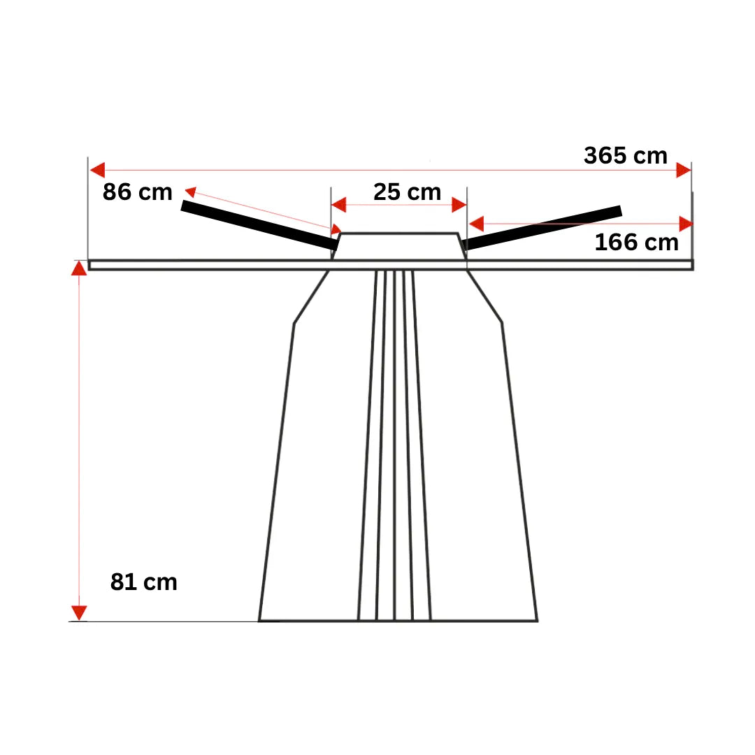 Maßgrafik der Hakama mit Größenangaben