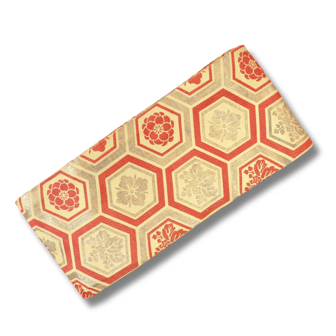Vintage Hanhaba Obi aus Japan in Gold und Rot mit Kikkō-Sechseckmuster