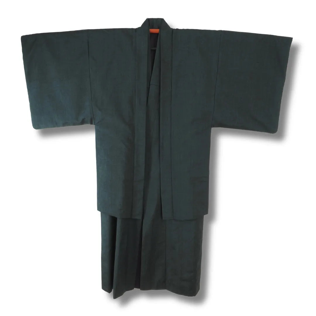 Vintage Herren-Ensemble aus Japan in Graublau, Kimono mit Haori, Frontansicht