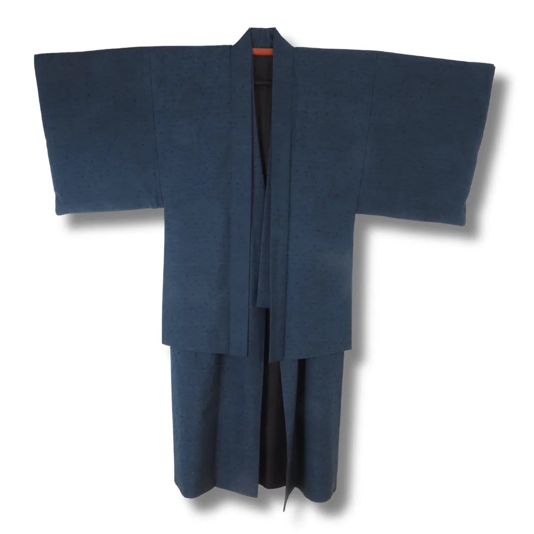Vintage Herren-Kimono und Haori in Dunkelblau meliert, Frontansicht flach