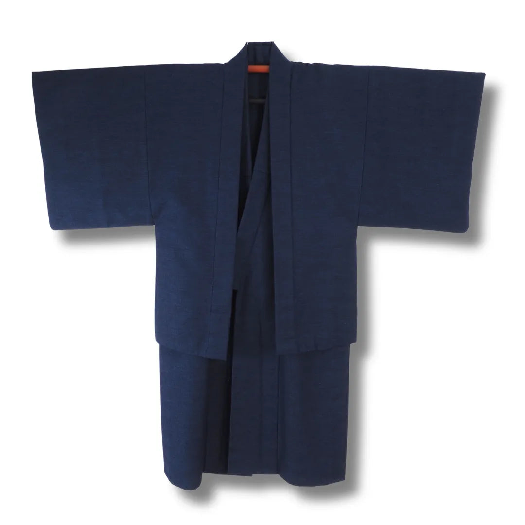 Vintage Herren Ensemble in Dunkelblau: Kimono und Haori, Gesamtansicht, Frontansicht