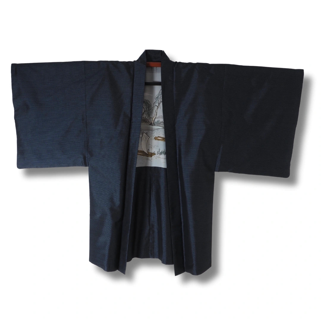 Vintage Herren Haori Blau mit feinem Muster & Landschaftsinnenseite