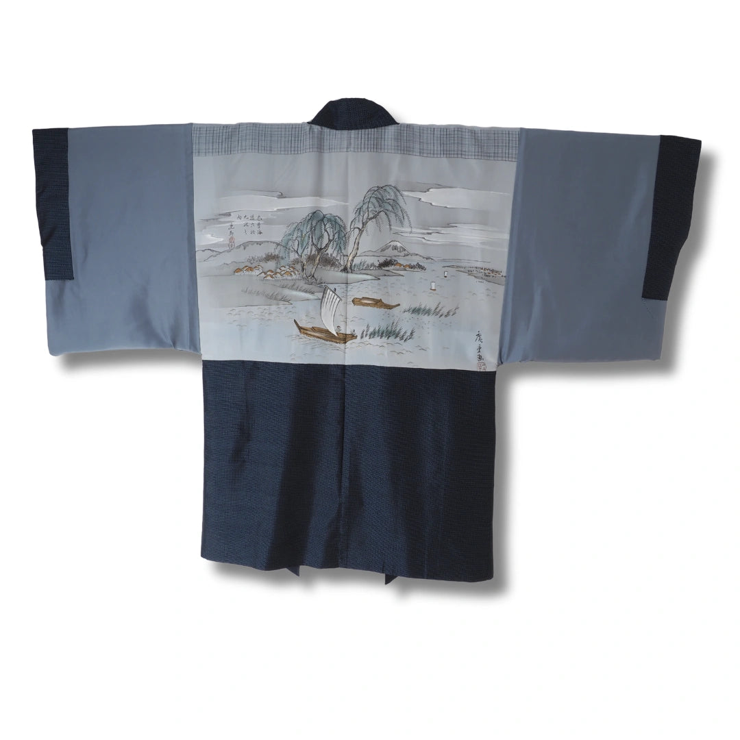 Vintage Herren Haori Blau mit feinem Muster & Landschaftsinnenseite