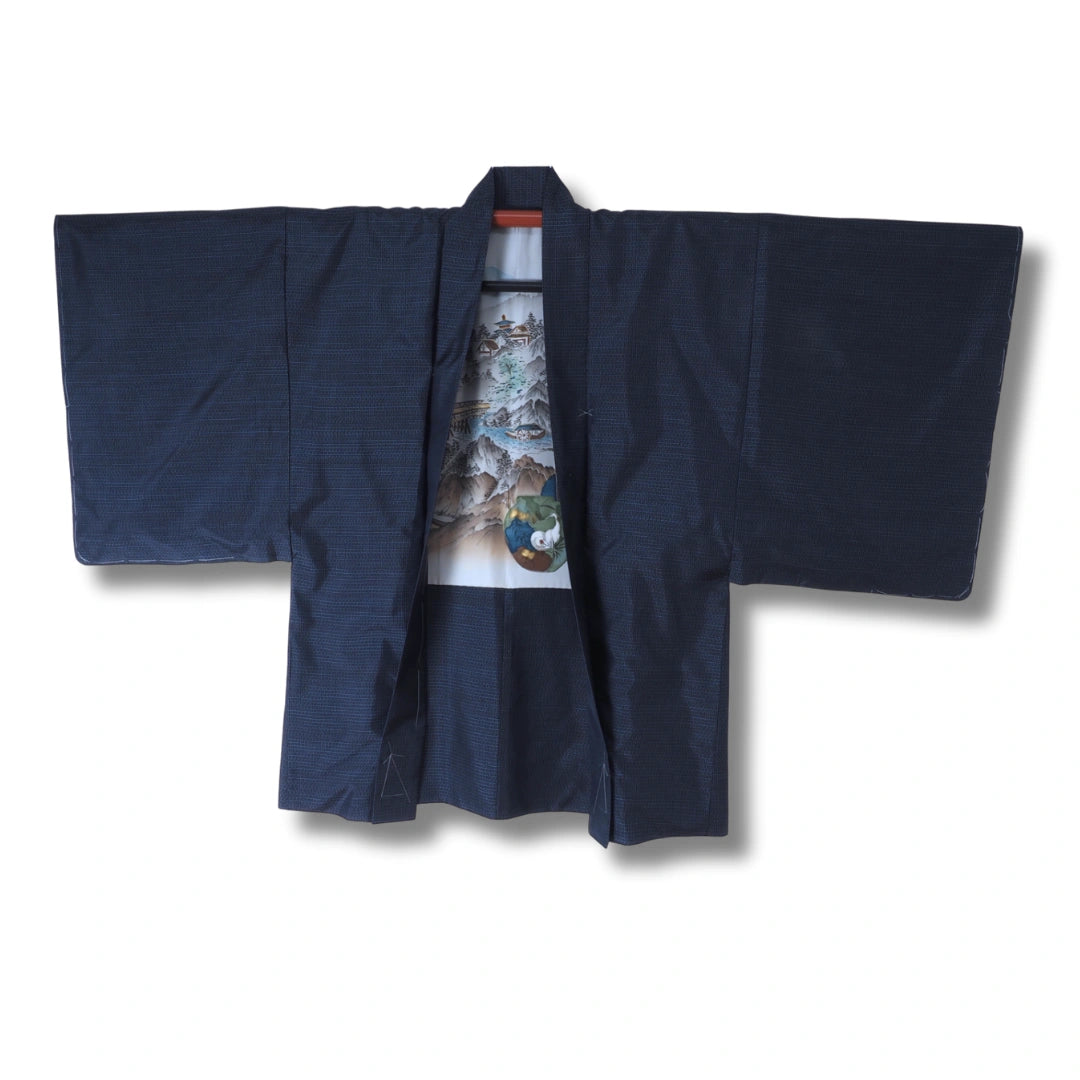 ungetragen: Vintage Herren Haori – Dunkelblau mit Landschaftsmotiv