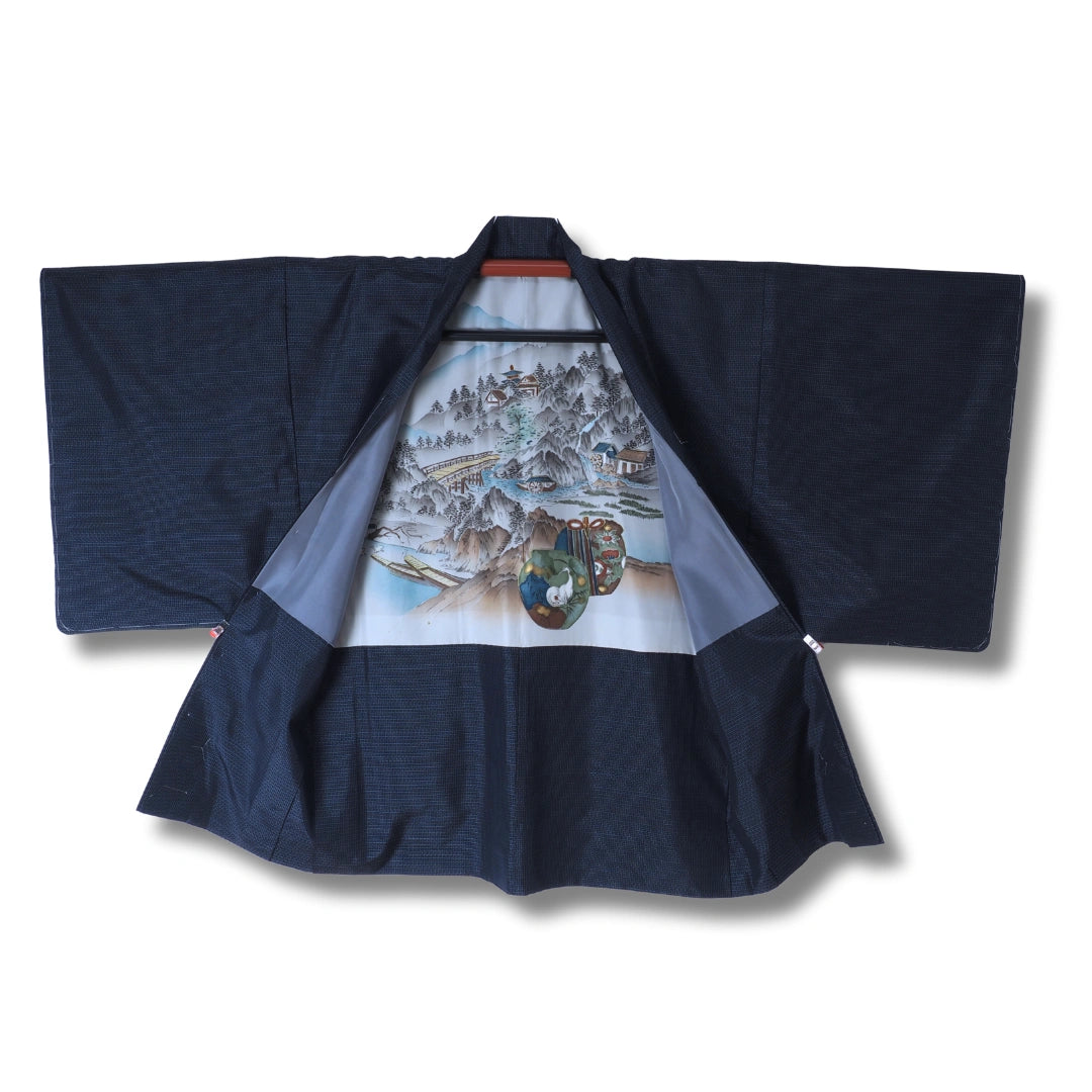 ungetragen: Vintage Herren Haori – Dunkelblau mit Landschaftsmotiv
