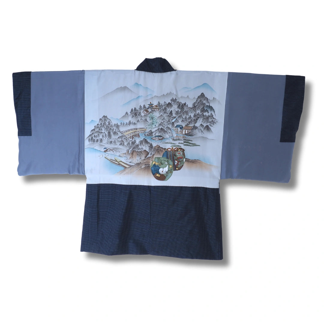 ungetragen: Vintage Herren Haori – Dunkelblau mit Landschaftsmotiv
