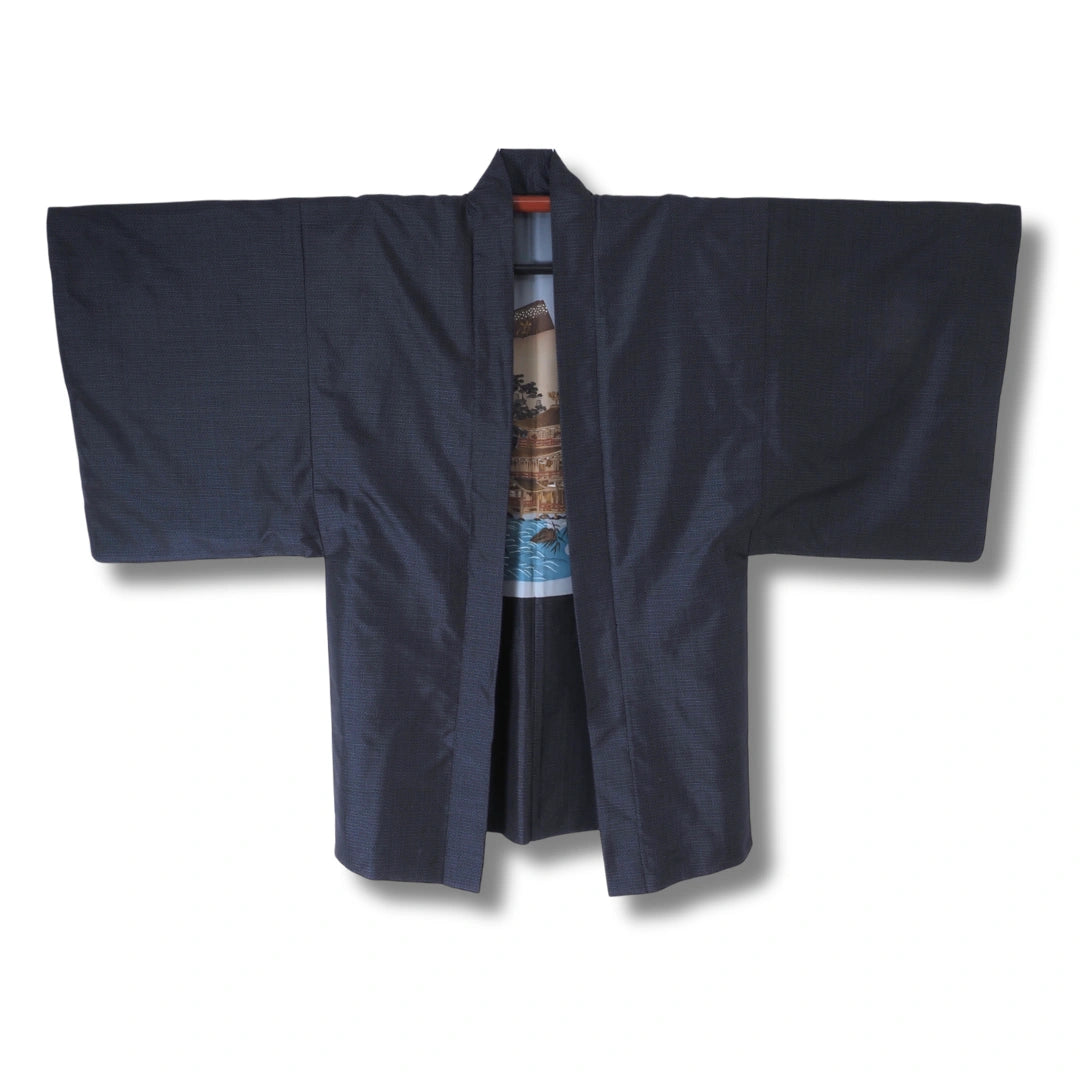 Vintage Herren Haori dunkelblau – Tempelmotiv innen