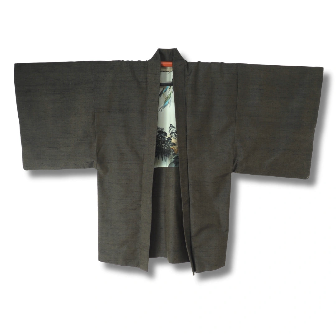 Vintage Herren Haori oliv mit Fuji & Bäumen
