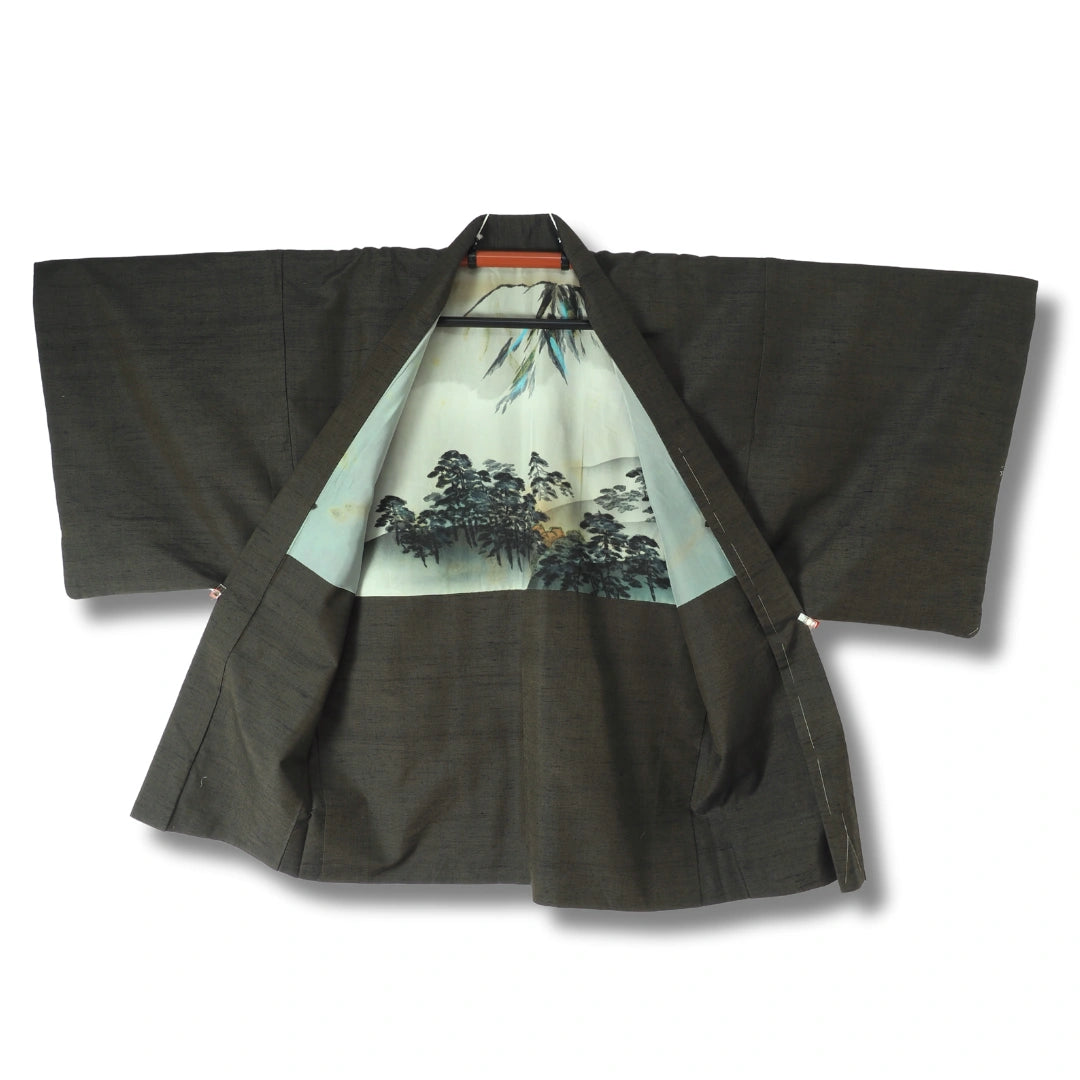 Vintage Herren Haori oliv mit Fuji & Bäumen