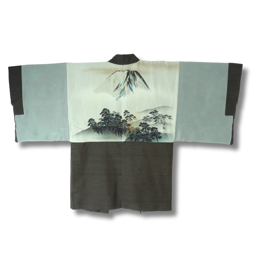 Vintage Herren Haori oliv mit Fuji & Bäumen