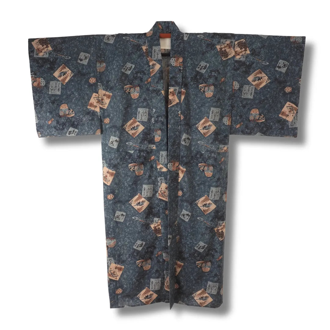 Vintage Herren Juban in Blaugrau mit japanischen Motiven Vorderansicht