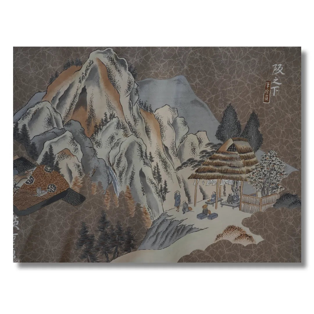 Detailaufnahme der japanischen Landschaft mit Bergen und Architektur