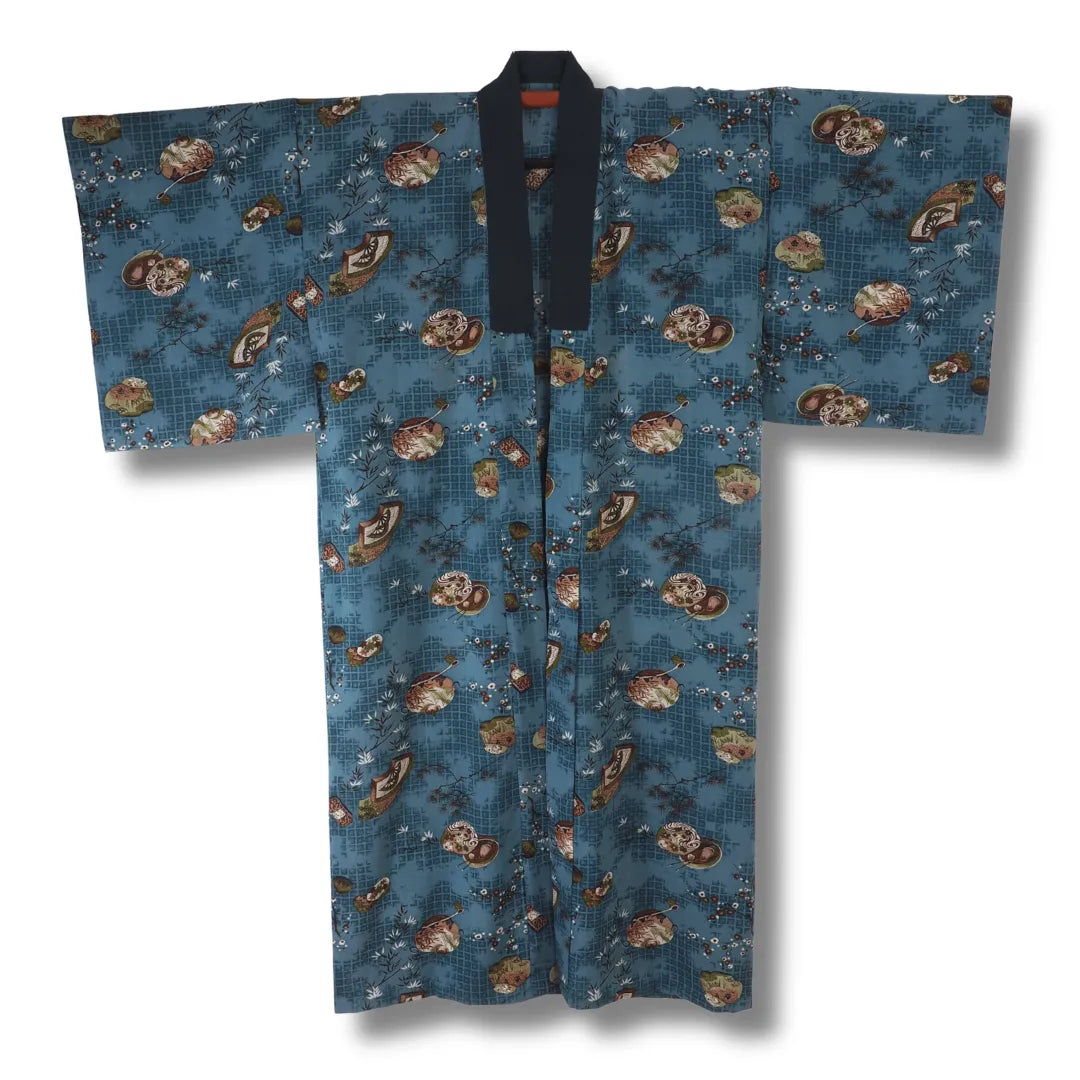 Vintage Herren Juban in Petrolblau mit Fächern und Astmotiven, dunkelblauer Kragen, Frontansicht