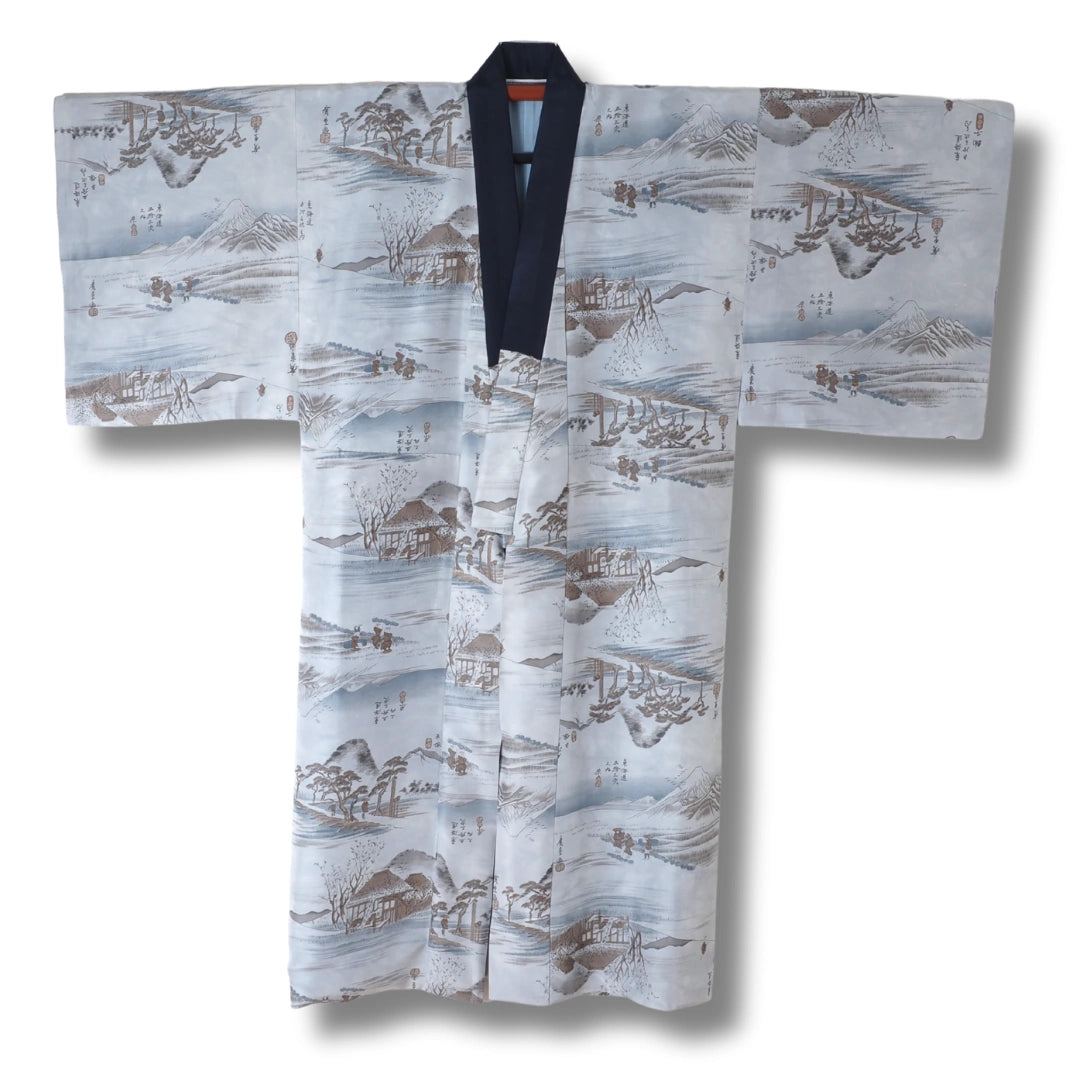 Vintage Herren Juban blaugrau mit Landschaftsmotiv