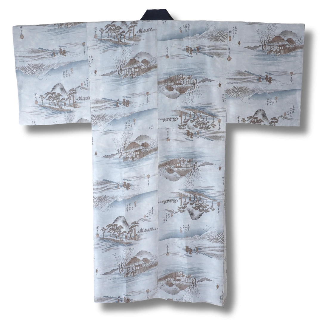 Vintage Herren Juban blaugrau mit Landschaftsmotiv