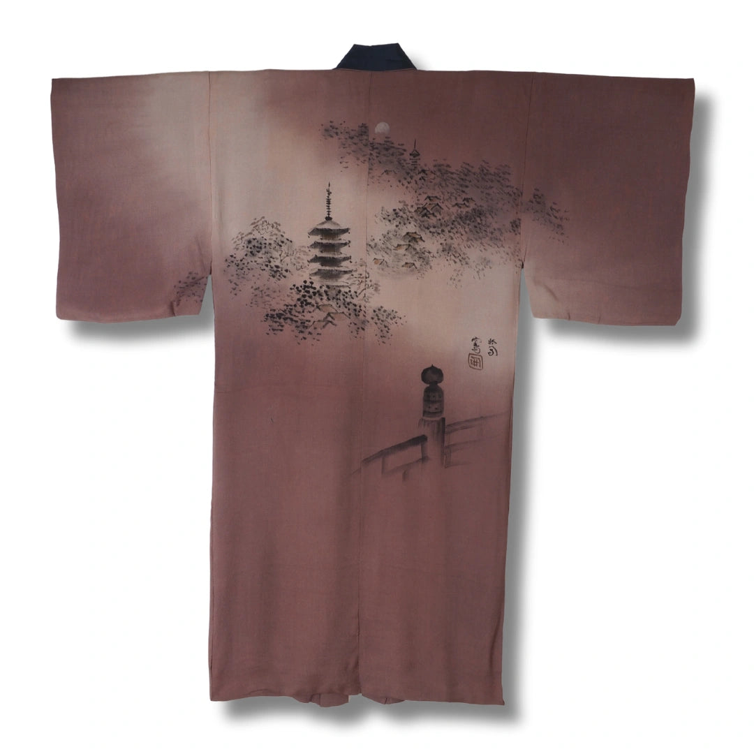 Vintage Herren Juban dunkelrotviolett mit Tempelmotiv
