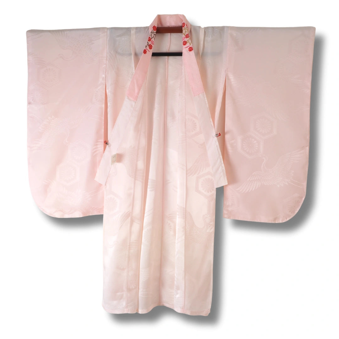 Vintage Kinder-Furisode-Juban Rosa mit Blumenmuster (Größe 134–140)