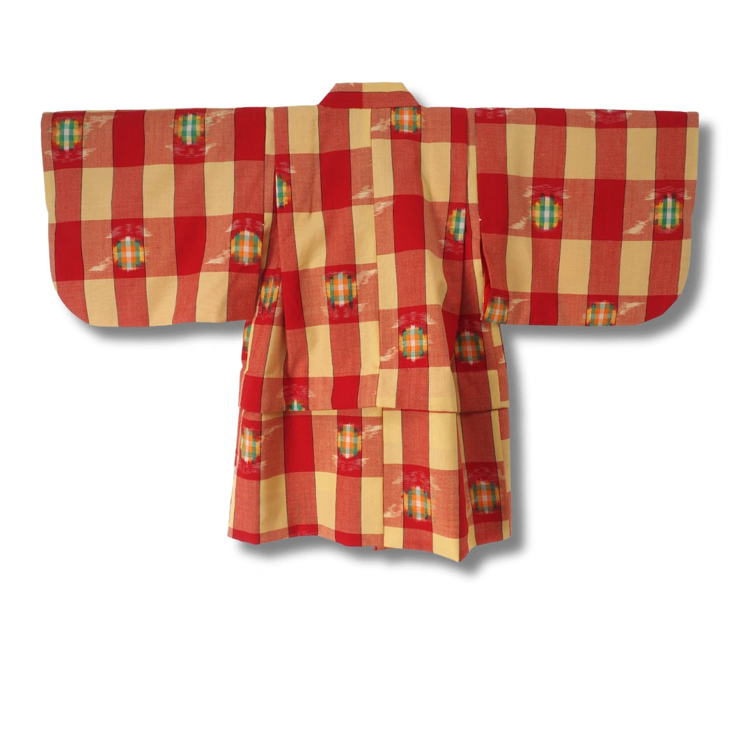 Vintage Kinder-Haori Rot-Gelb kariert (Größe 98–110)