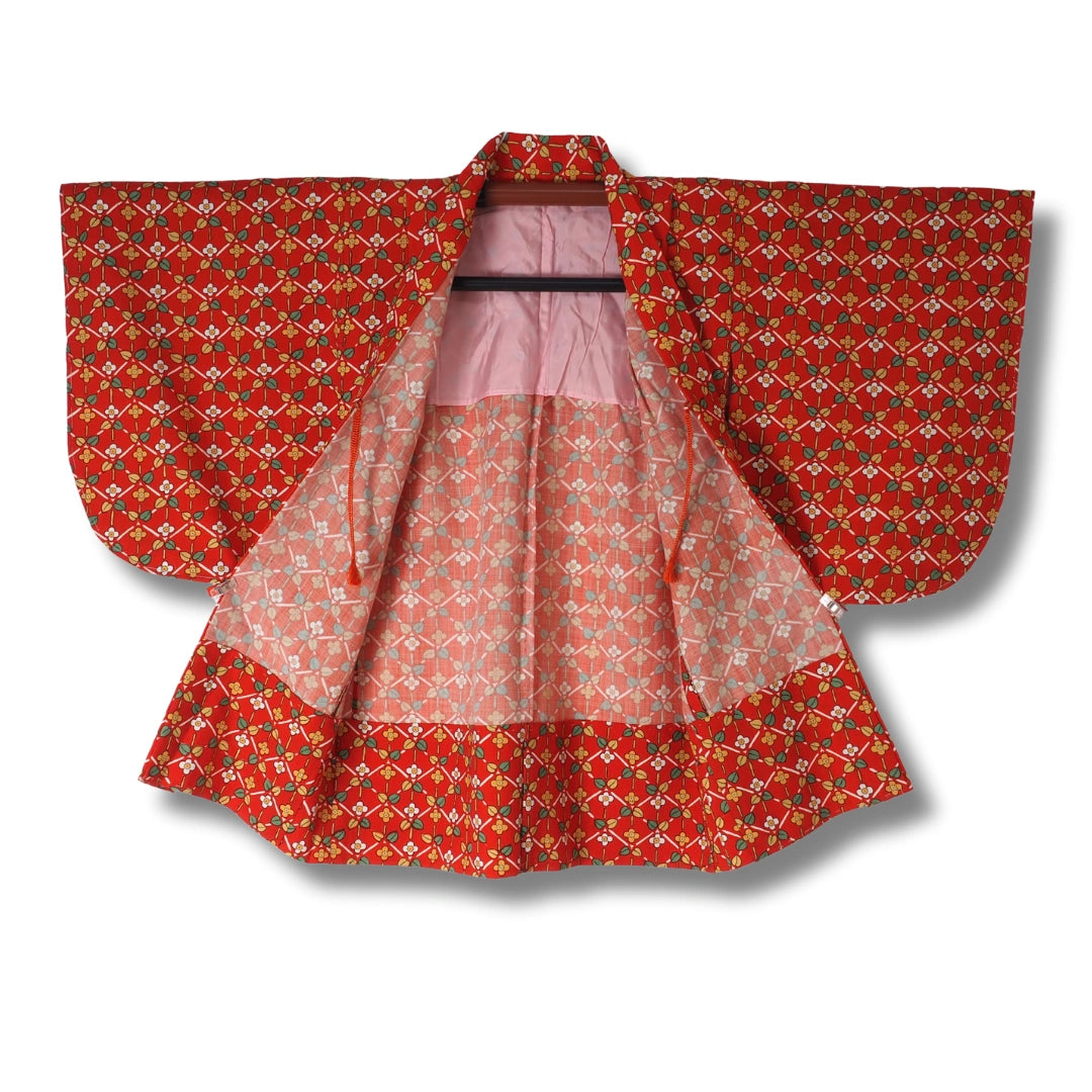 Vintage Kinder Haori Rot mit Blumen (Gr. 110 - 128)