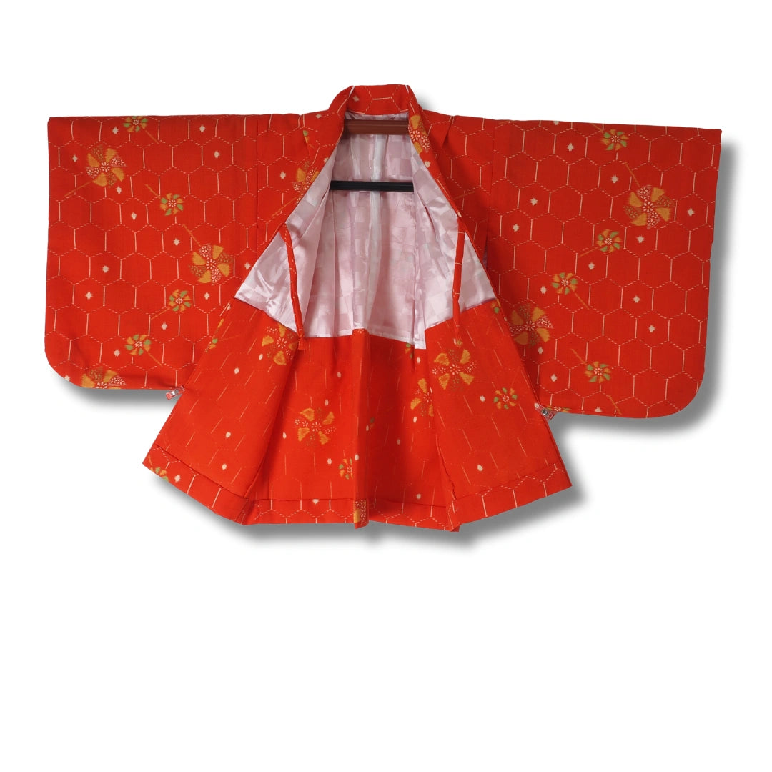 Vintage Kinder Haori Rot mit Blumenmuster (Gr. 92 - 110)