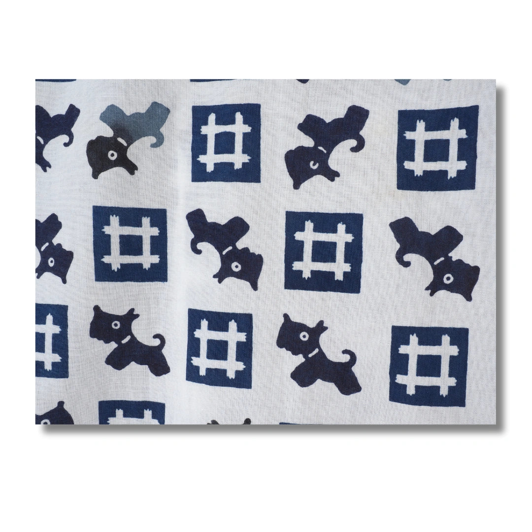 Vintage Kinder-Yukata Weiß-Blau mit Hunde-Muster (Größe 116–128)