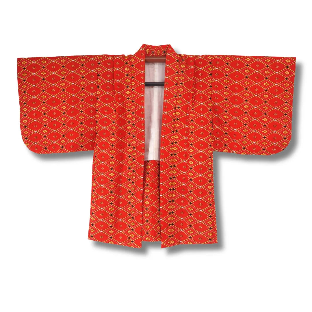 Vintage Kinder-Jacke in Rot mit goldgelbem Hishi-Muster, Frontansicht