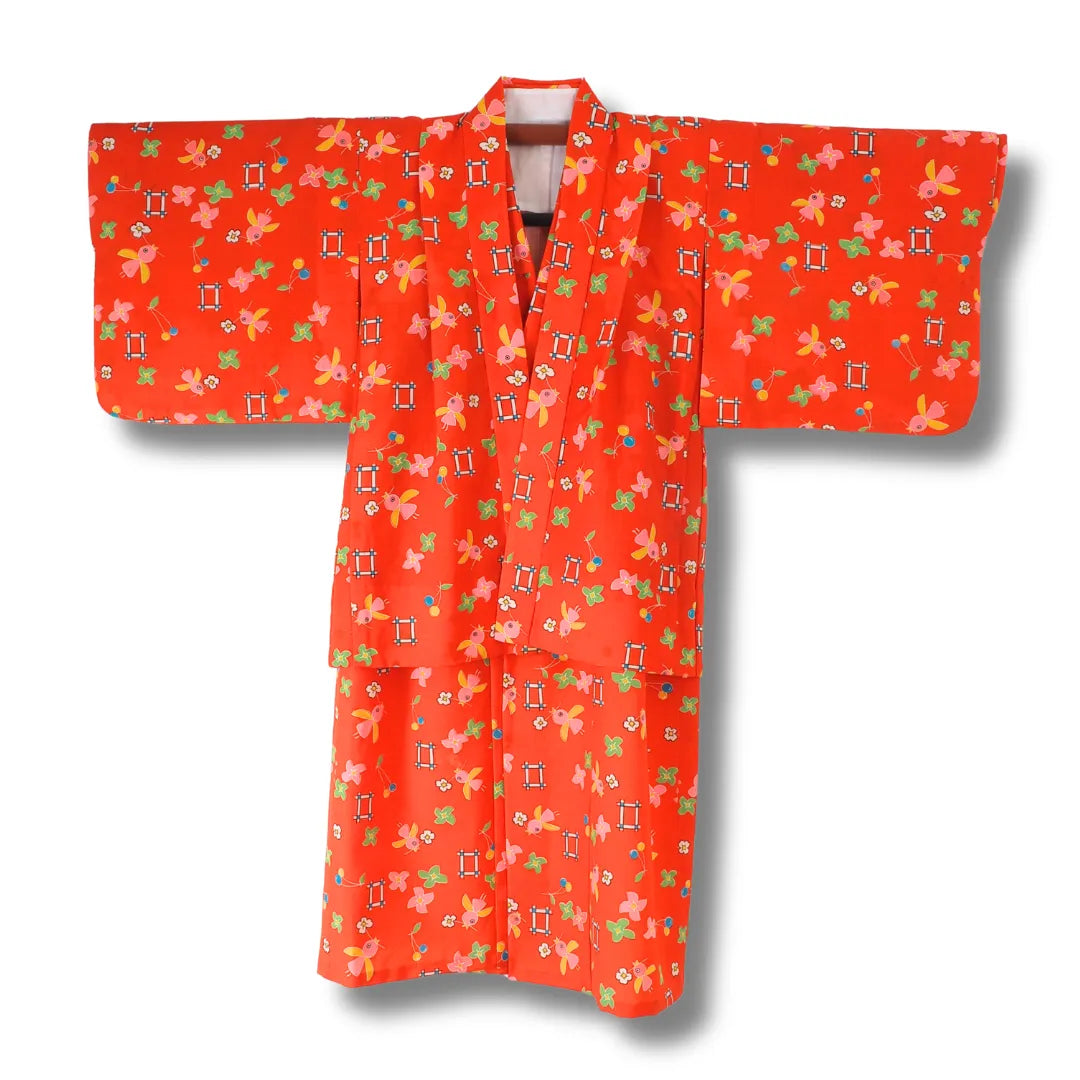 Vintage Kinder-Kimono + Haori in Orangerot mit buntem Blütenmuster, Frontansicht