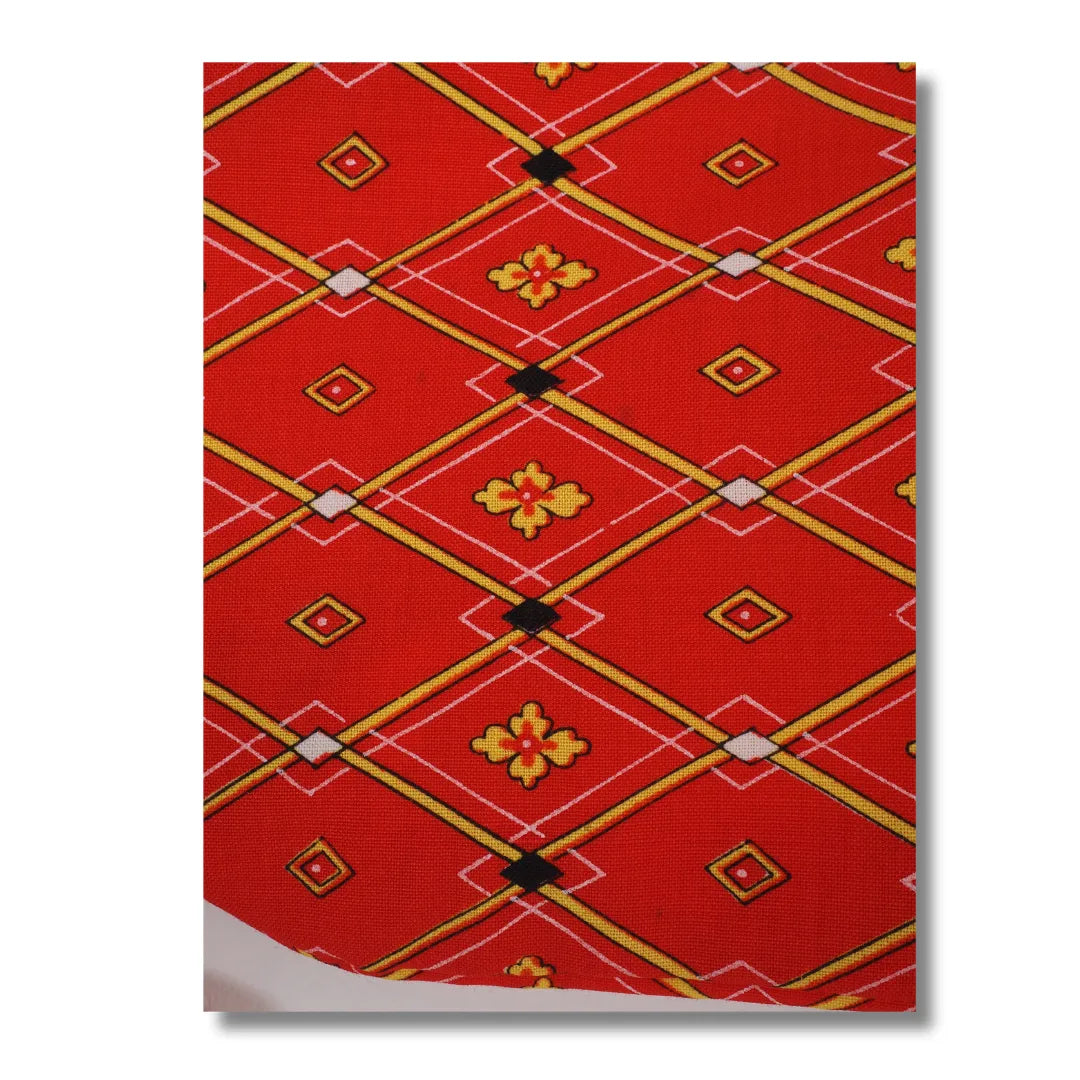Vintage Kinder-Ensemble – Rot mit Gelbem Rautenmuster (Kimono & Haori-Jacke) inkl. Haori Himo