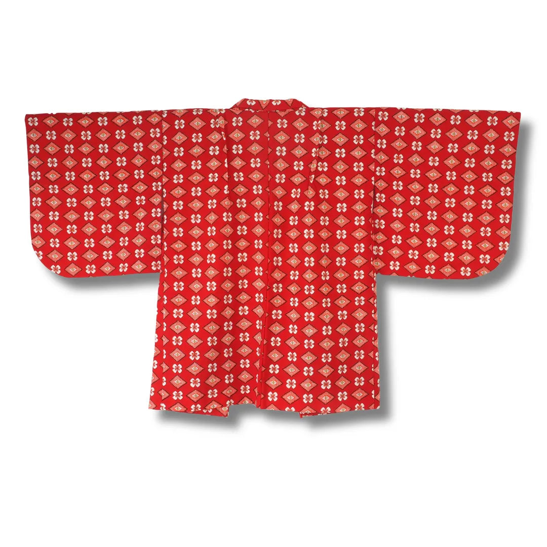 Vintage Kinder-Ensemble – Rot mit Weißen Blumen (Kimono & Haori inkl. Haori-Himo)