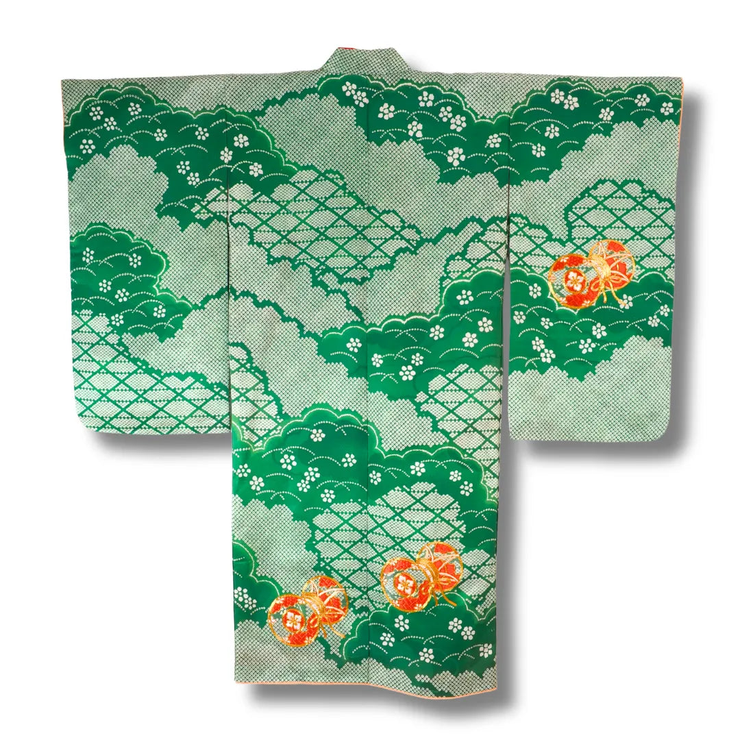 Vintage Kinder-Furisode-Kimono – Grün mit Goldener Stickerei Gr. 110 bis 128