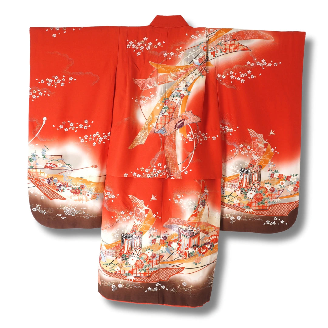 Vintage Mädchen Furisode Kimono Rot mit Kirschblüten & Kaiserwagen