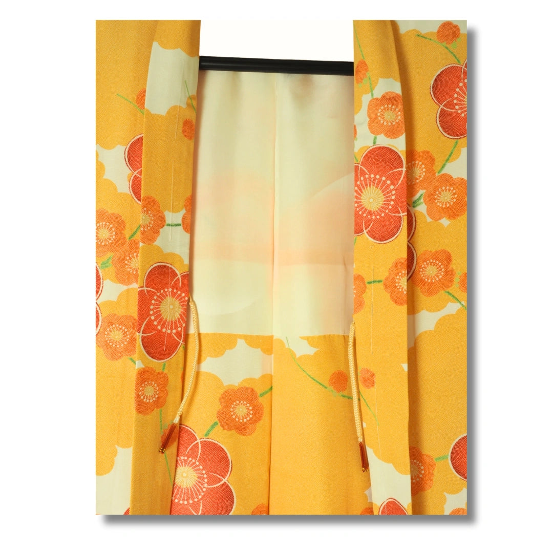 Vintage Damen Haori gelb mit Blumen inkl. Haori Himo