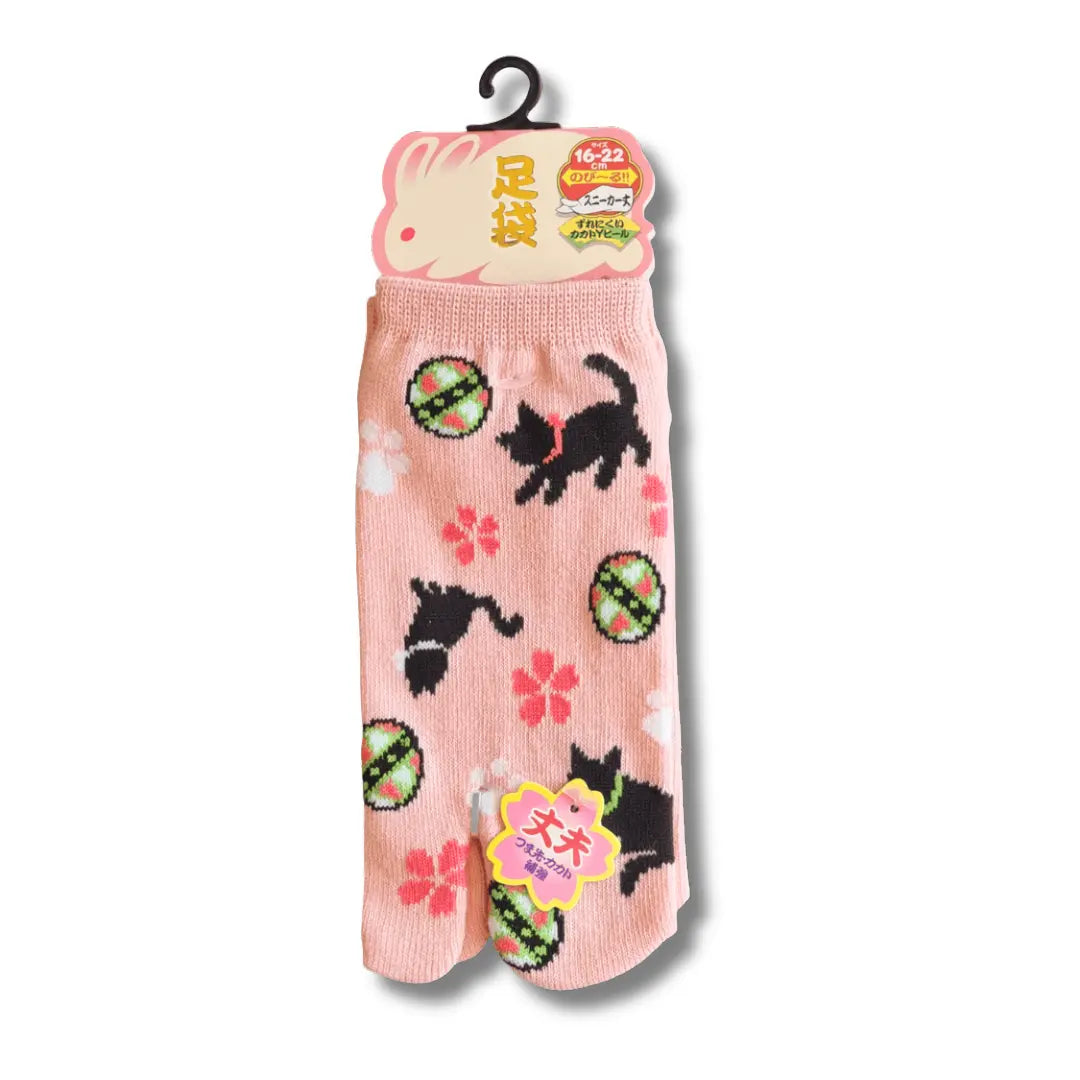 Kinder Tabi Socken rosa mit Katzen Motiv Vorderseite – japanische Zehensocken #farbe_Rosa