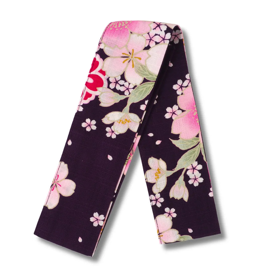 Gürtel für Mädchen Yukata in Lila mit rosa Sakura Kirschblüten aus Japan aus Baumwolle