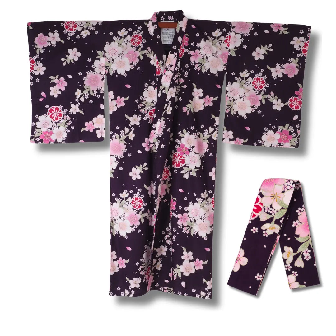 Mädchen Yukata in Lila mit rosa Sakura Kirschblüten aus Japan aus Baumwolle inkl. Obi 