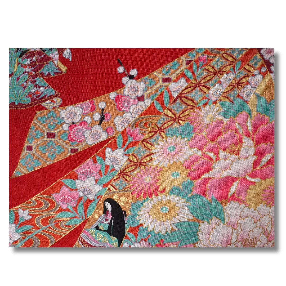 Detailbild vom roten Mädchen Kimono Yukata mit traditionellem Noshi Muster, japanischen Puppen und floralen Motiven inkl. Obi