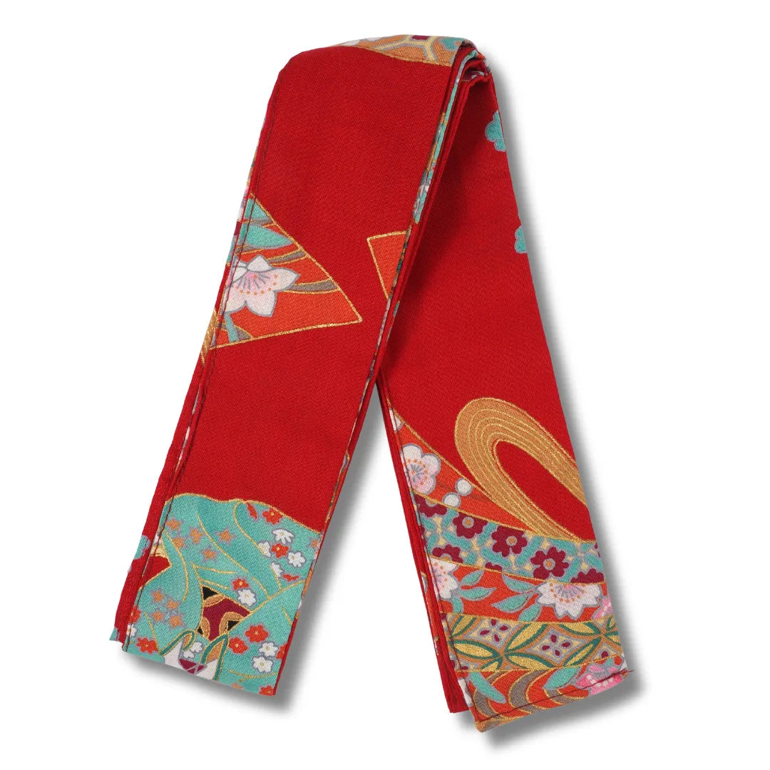 Gürtel für den roten Mädchen Kimono Yukata mit traditionellem Noshi Muster, japanischen Puppen und floralen Motiven inkl. Obi