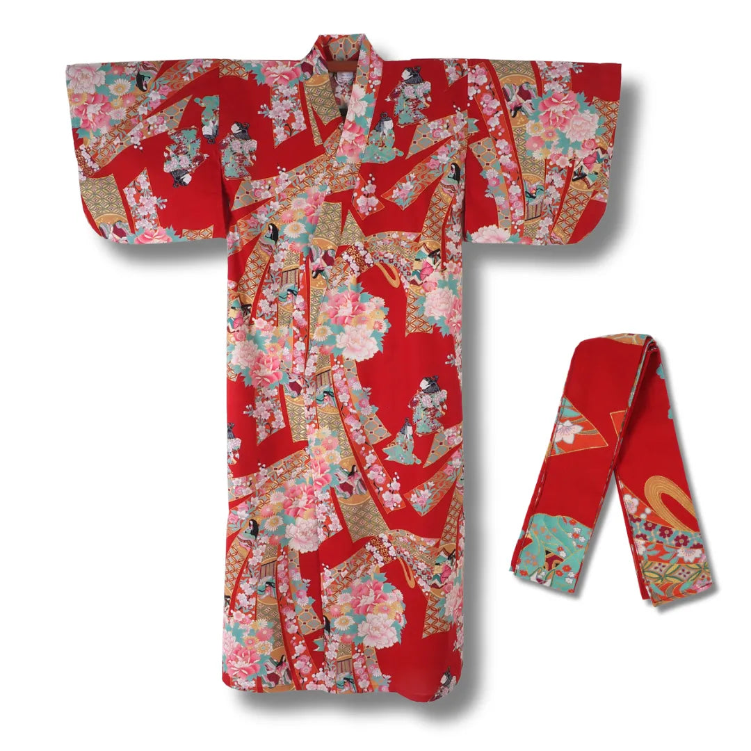 Roter Mädchen Kimono Yukata mit traditionellem Noshi Muster, japanischen Puppen und floralen Motiven inkl. Obi