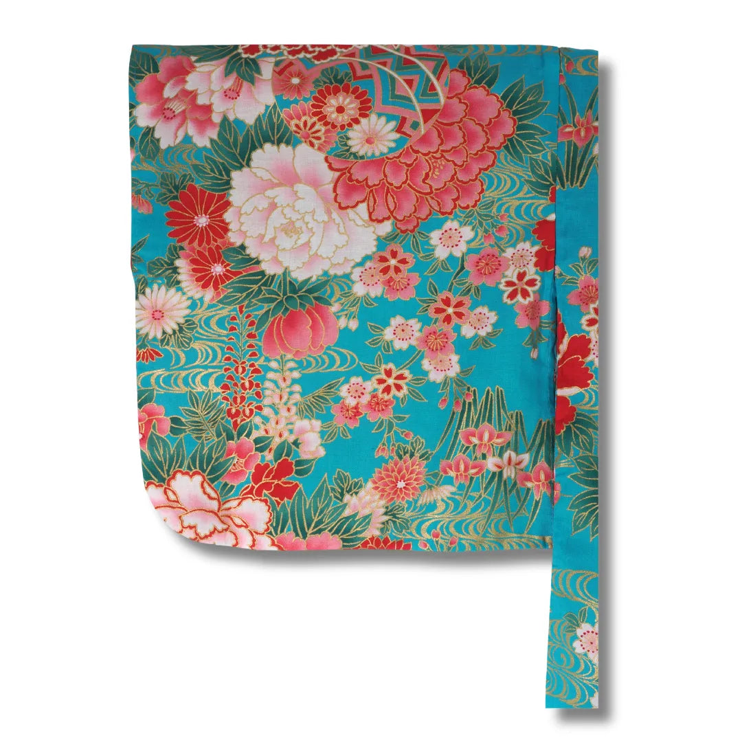 Ärmel Türkiser Mädchen Yukata aus Japan mit Temari Bällen, Sakura Kirschblüten und Botan Pfingstrosen