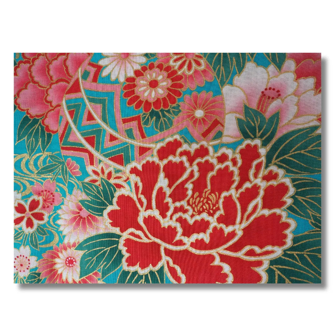 Detailbild Türkiser Mädchen Yukata aus Japan mit Temari Bällen, Sakura Kirschblüten und Botan Pfingstrosen