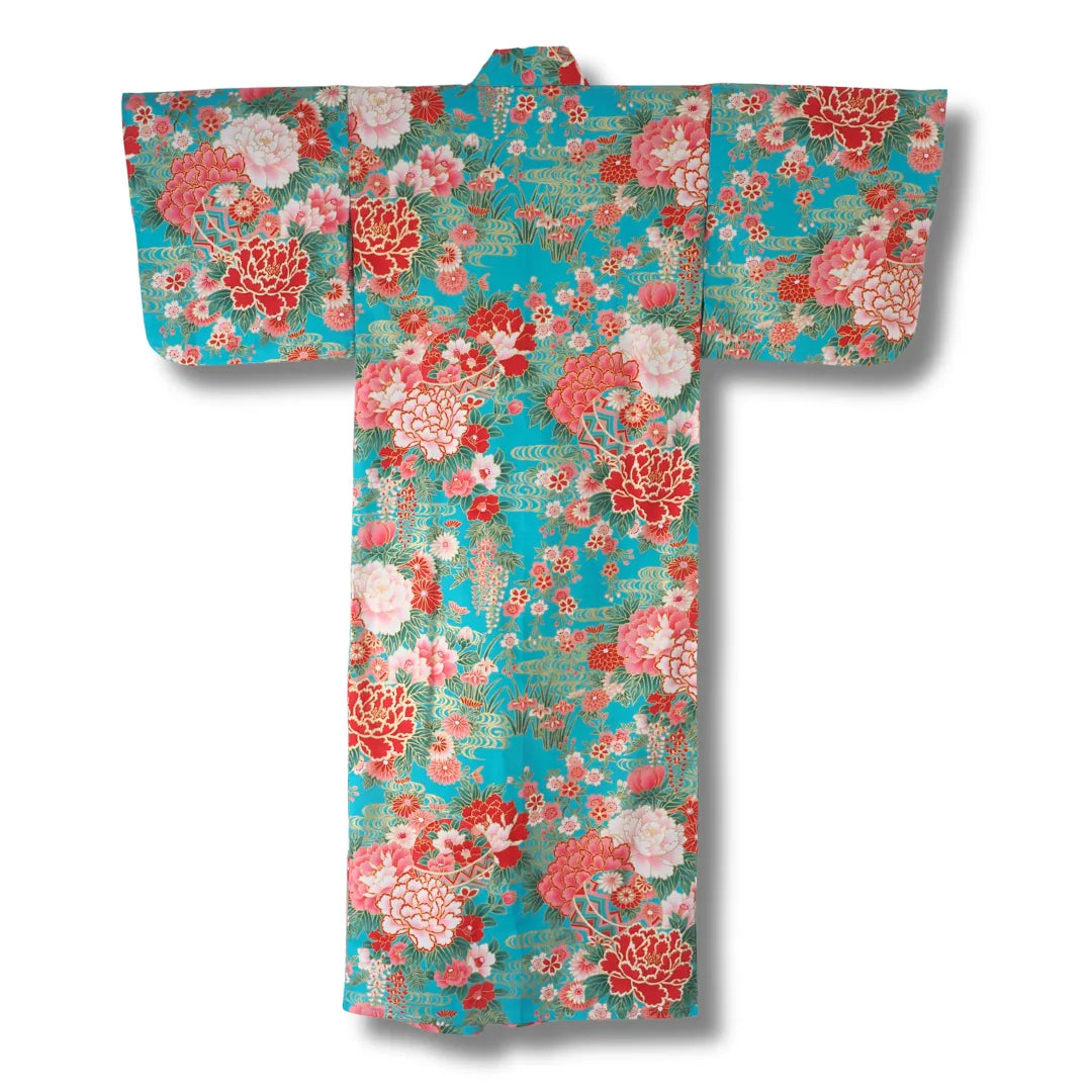 Rückseite Türkiser Mädchen Yukata aus Japan mit Temari Bällen, Sakura Kirschblüten und Botan Pfingstrosen