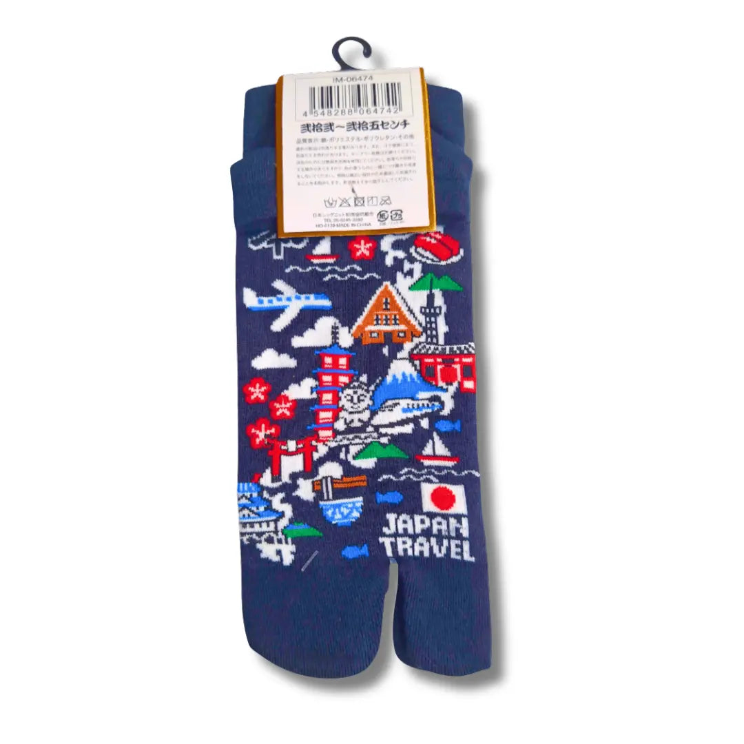 Kurze Tabi Socken dunkelblau Rückseite mit Etikett und Produktinformationen – japanische Zehensocken mit Japan Landkarte #farbe_Dunkelblau