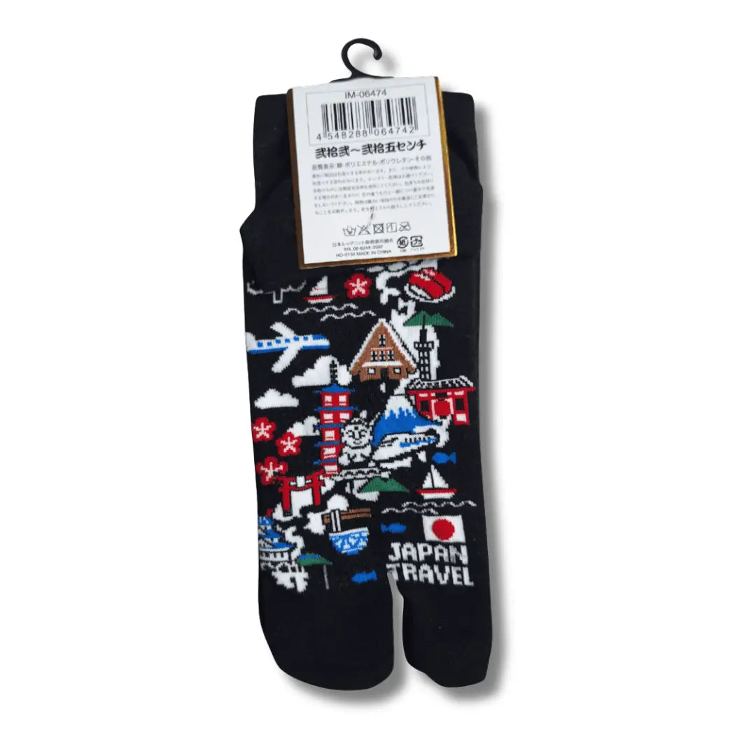 Kurze Tabi Socken schwarz Rückseite mit Etikett und Produktinformationen – japanische Zehensocken mit Japan Landkarte #farbe_Schwarz