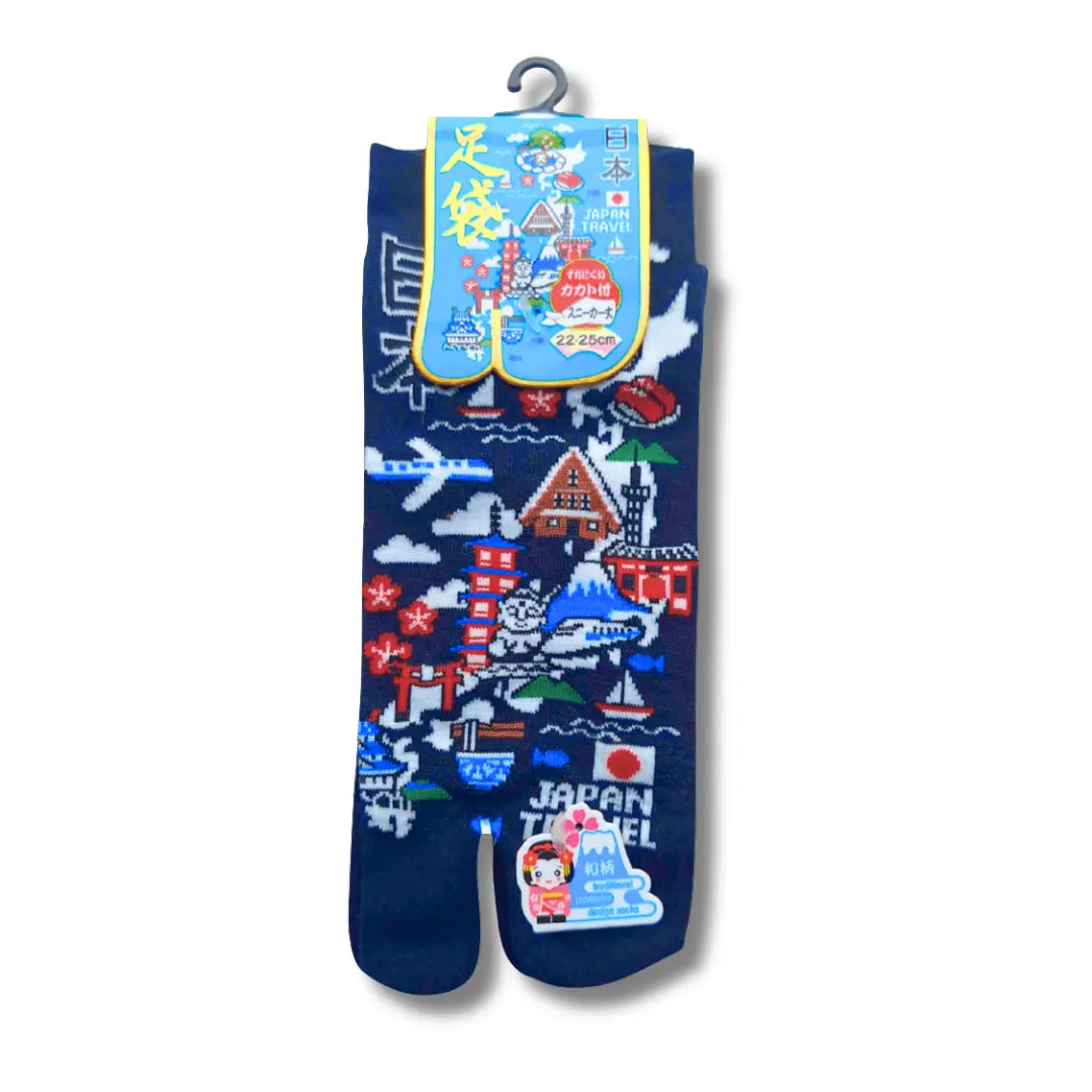 Kurze Tabi Socken dunkelblau mit Japan Karte und Sehenswürdigkeiten Motiv Vorderseite – japanische Zehensocken #farbe_Dunkelblau