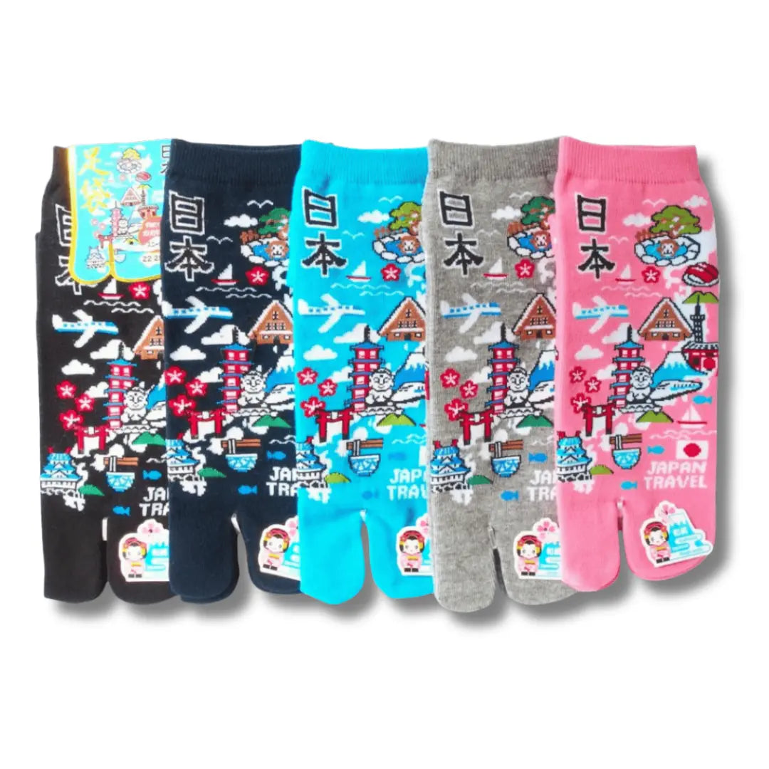 Kurze Tabi Socken mit Japan Karte und Sehenswürdigkeiten Motiv in verschiedenen Farben – japanische Zehensocken