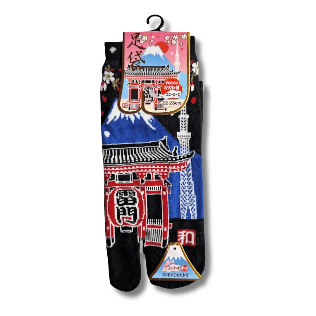 Kurze Tabi Socken schwarz mit Kaminarimon Tor, Fuji und Kirschblüten Motiv Vorderseite – japanische Zehensocken #farbe_Schwarz